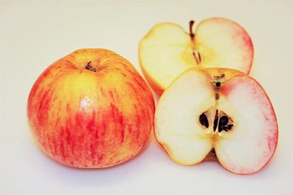 Grassie bestellen | Apfelbaum | Ganzer Apfel und zwei Apfelhälften mit Blick aufs Kerngehäuse
