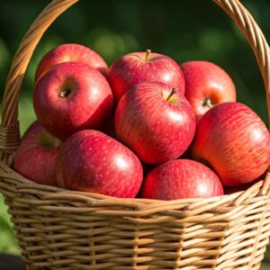 Himbeerapfel von Holowaus - zahlreiche Äpfel der Sorte Himbeerapfel von Holowaus in einem Bastkorb